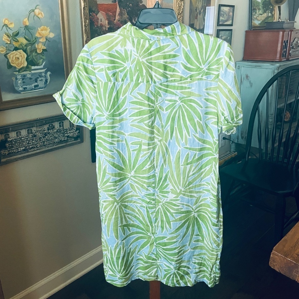 Sigrid Olsen 100% linen button shirt dress pockets short sleeve MED green blue - Picture 8 of 10
